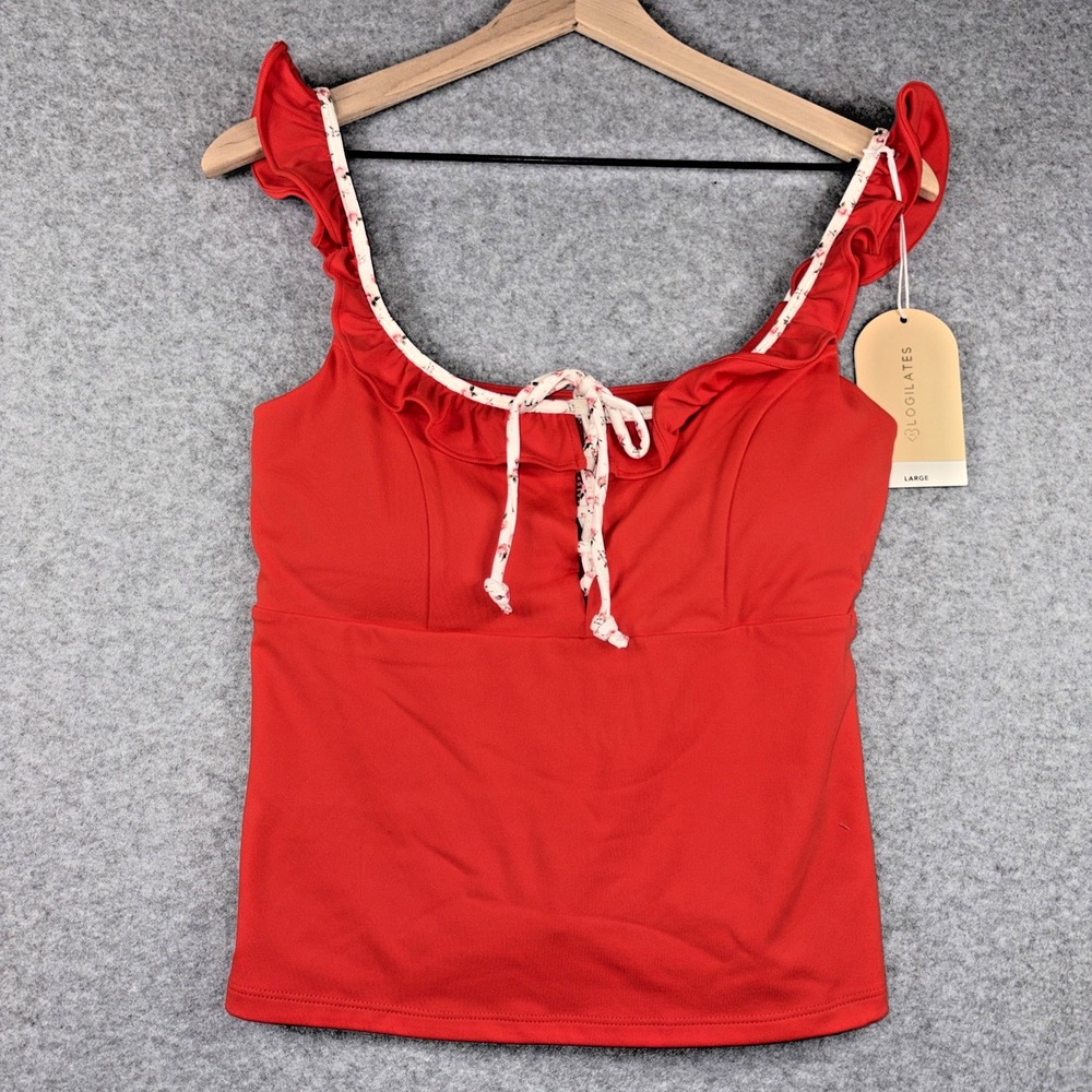 Blogilates Ruffle Lace Up Tie Tank Top Red Scoop Neck Stretch Yoga - Large